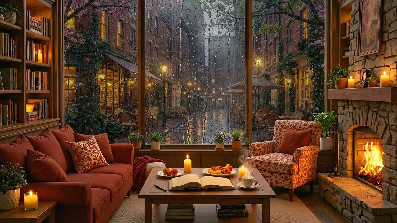 Warm Fireplace Coffee Shop on a Rainy Night | Soft Jazz Piano Ambience for Clear Your Mind