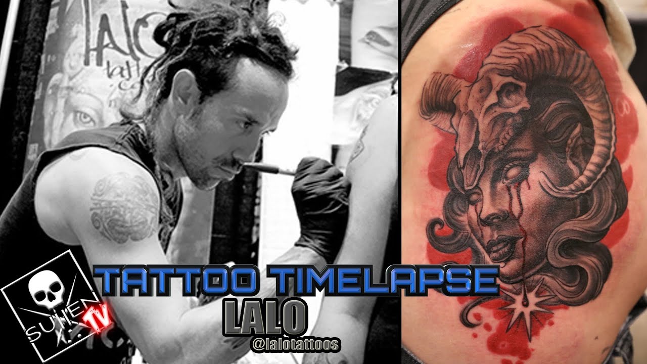 Tattoo Time Lapse - Lalo - Tattoos Black and Grey Woman with Ram Skull 