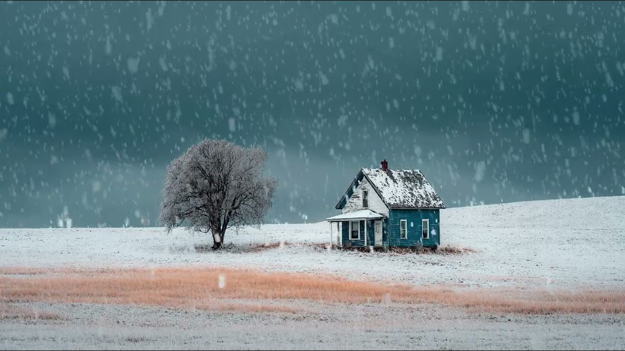 Quiet snowy countryside under a dark and endless winter sky | Calm ambience for focus and rest