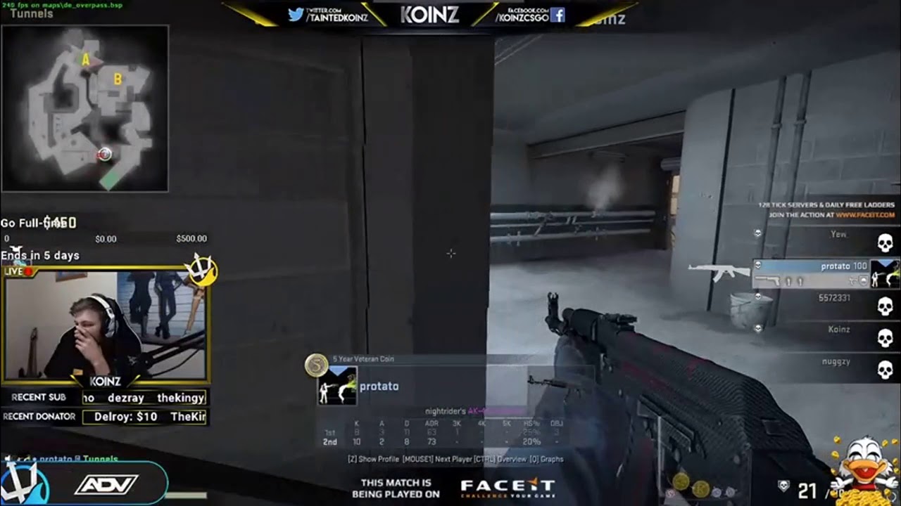 CSGO 1v4 close clutch with 10 hp against KOINZ aus streamer (streamer POV)