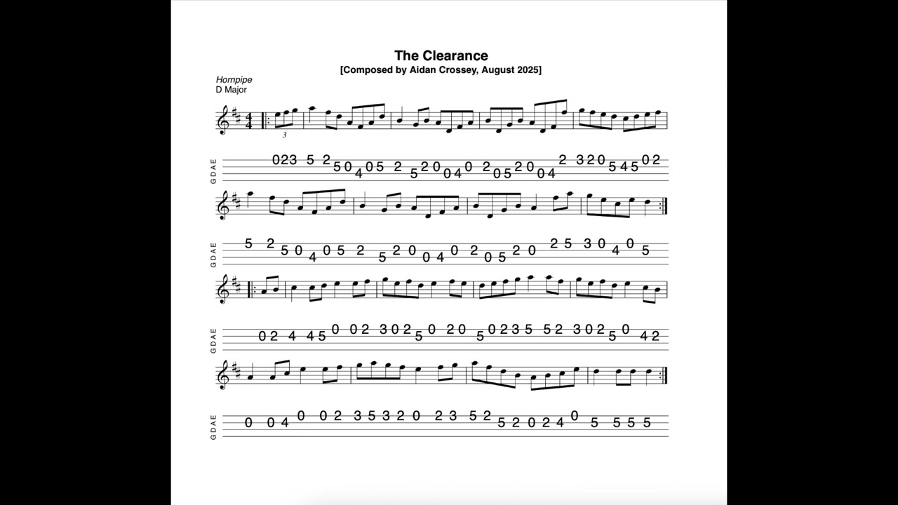The Clearance - a hornpipe in D Major composed, tabbed for mandolin and played by Aidan Crossey