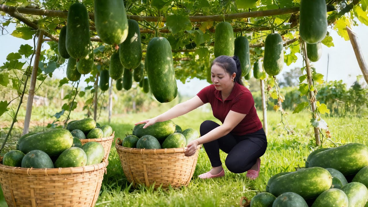 Harvesting 30+ Green Squash and Transporting Firewood to Go to Market Sell | Tieu Hue Daily