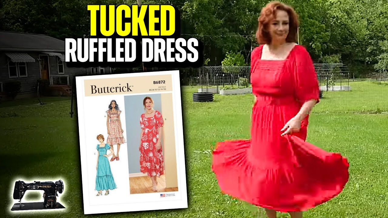 Sewing Butterick 6872 tucked ruffled dress, tips and review