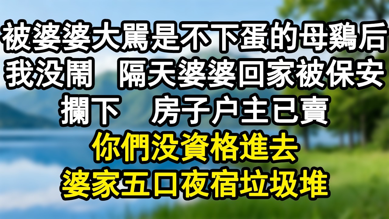 被婆婆大罵是不下蛋的母雞後我沒鬧。隔天婆婆回家被保安攔下。房子戶主已賣，你們沒資格進去。婆家五口夜宿垃圾堆。#家庭故事 #生活經驗 #為人處世