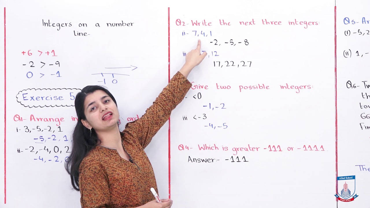 Class 6 - Mathematics - Chapter 5 - Lecture 1 - Integers Exercise 5a - Allied Schools
