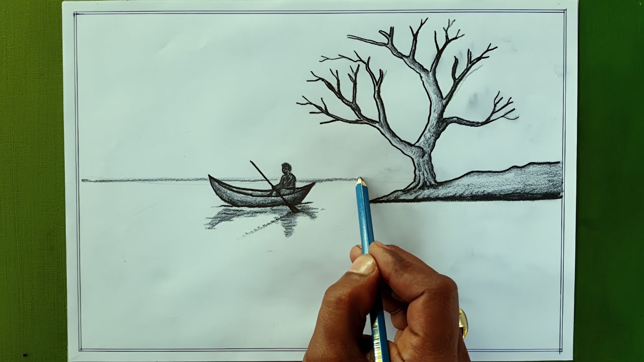 Drawing a river and boat || Easy Pencil Sketching || পেন্সিল দিয়ে সহজে দৃশ্য আঁকা।