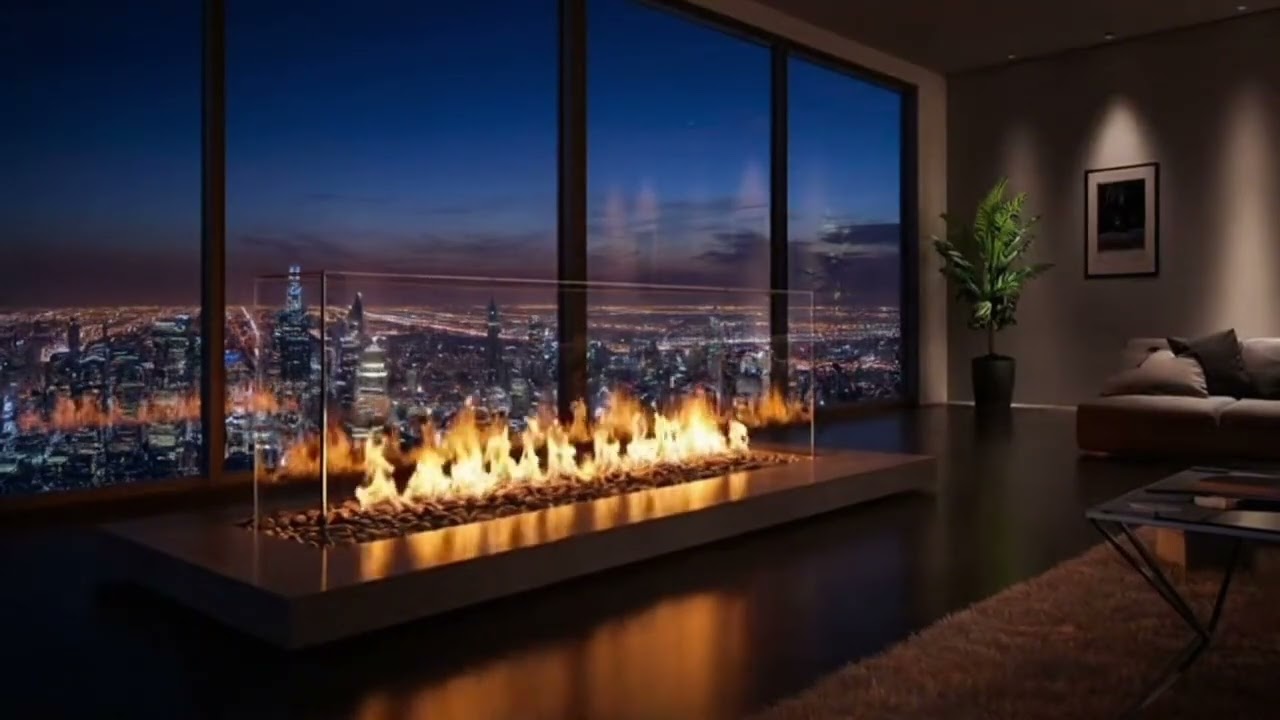 Luxury Penthouse Fireplace + Night City Ambience 🌃🔥 | Deep Sleep 8 Hours
