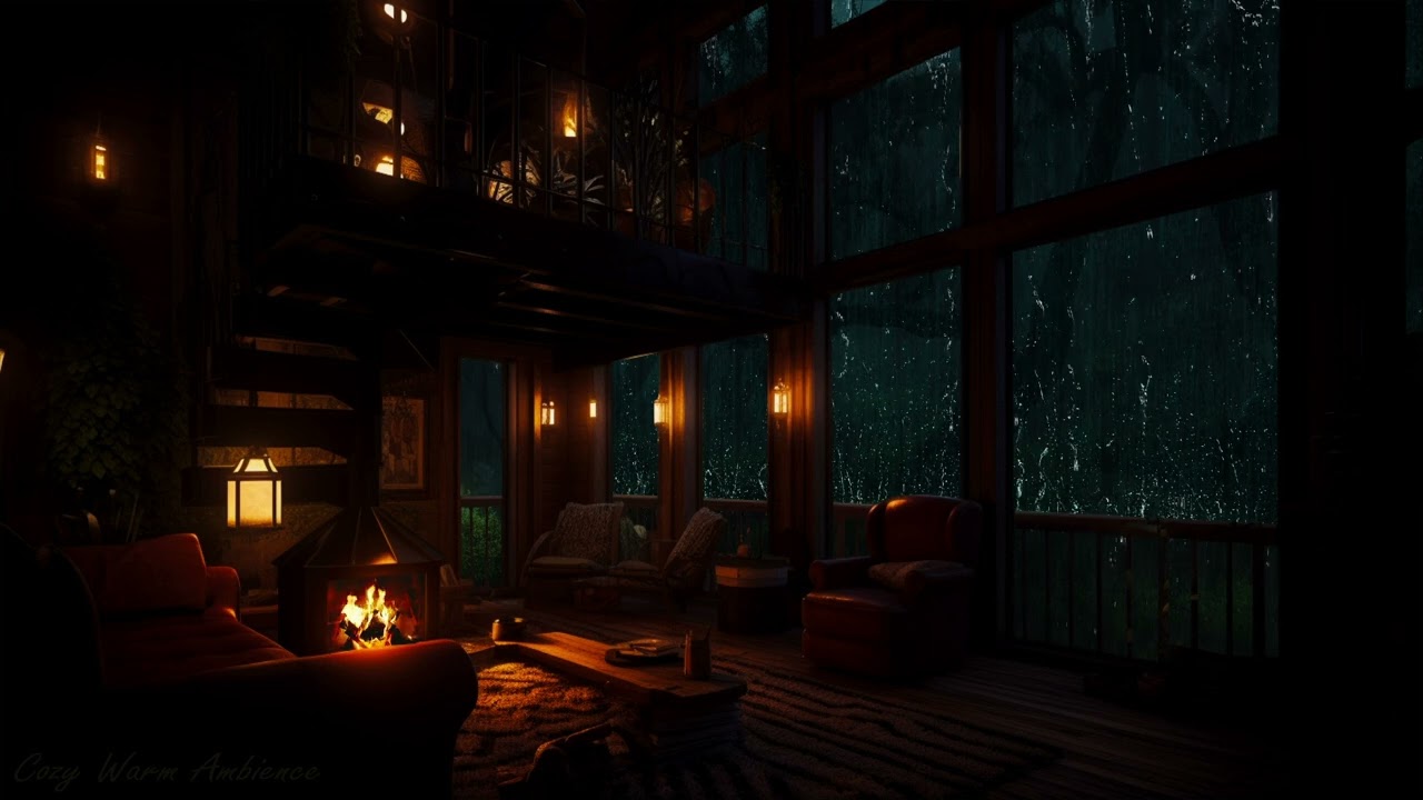 Immersive Rainforest Ambience: Rain🌧️ and Fire Sounds🔥 Surrounding Cozy Wooden Cabin
