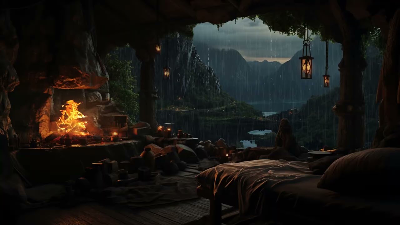 Warm Fireplace in Forest Cave with Rain Sounds for Relaxation Meditation and Focus Healing