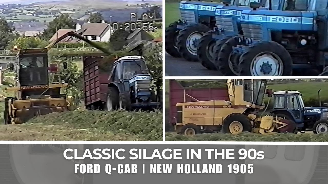 Fleet of Q-Cab Fords lifting grass in late 90s with a New Holland 1905