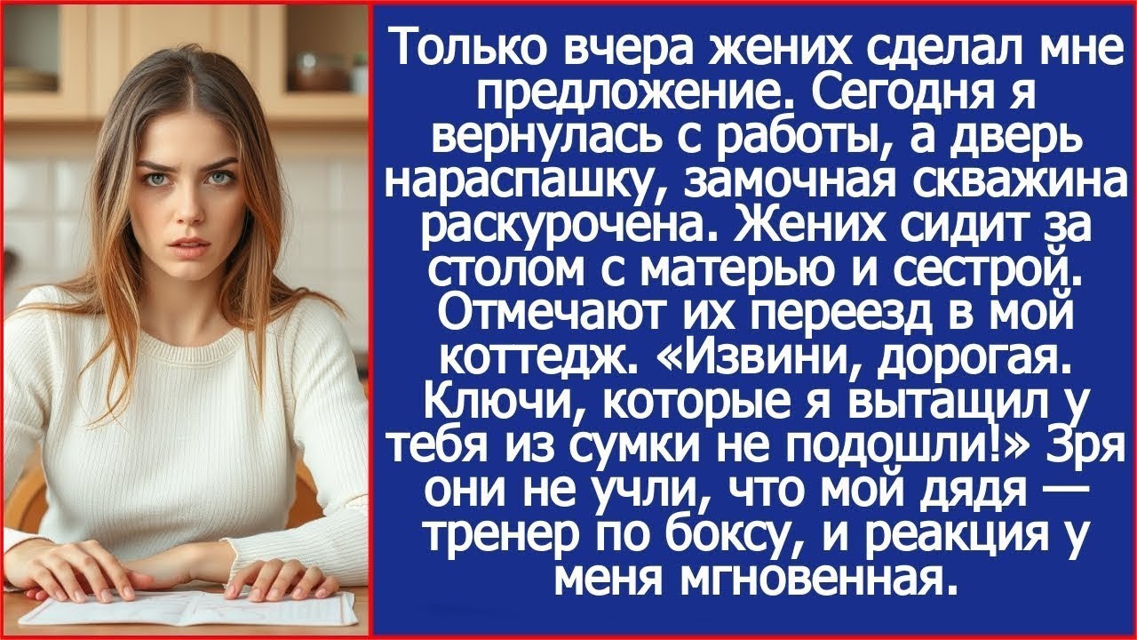 Замочная была скважина раскурочена. Жених сидел за столом с матерью и сестрой. Отмечали их переезд.