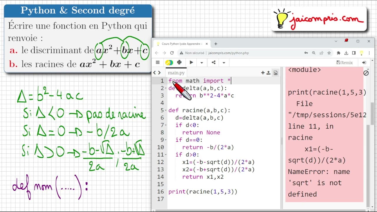 Python ♦ Fonction qui renvoie le discriminant delta et les racines ♦ second degré ♦ première spé