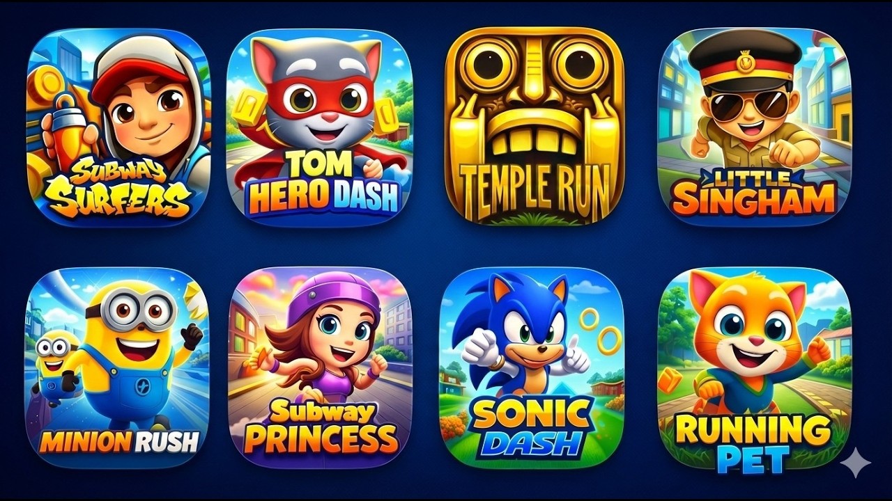 Subway Surfers,Tom Hero,Temple Run,Little Singham,Minion Rush,Subway Princes,Sonic Dash,Running Pet