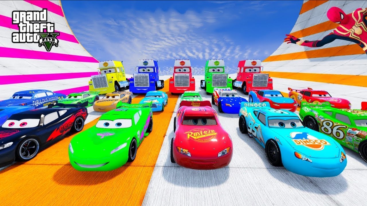 GTA 5 all lightning mcqueen cars mega ramp jump in water testing / gta v disney cars mods EP 30