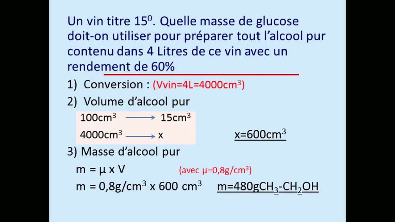 Esway chimie #7. Vin titré; masse d'alcool, masse de glucose, masse d'acide,  rendement.