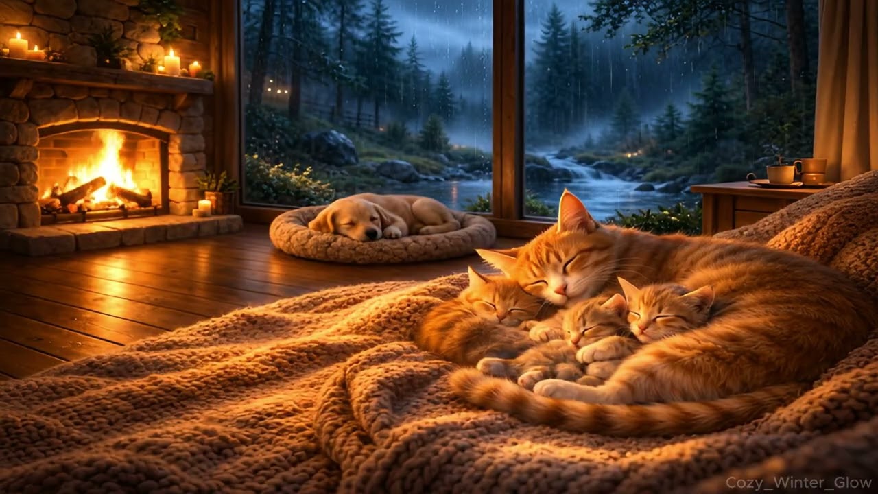 Cozy Rainy Cabin Evening with Sleeping Cats & Puppy 🐱🐶🔥 | Fireplace & Rain Sounds for Relaxing
