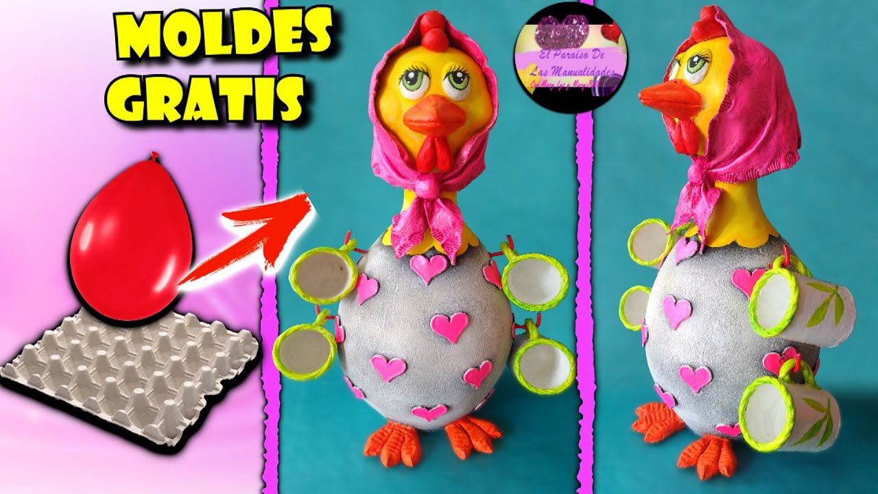 Gallina porta tazas o pocillos de café con un globo y masa con cartón de huevo (Moldes Gratis)