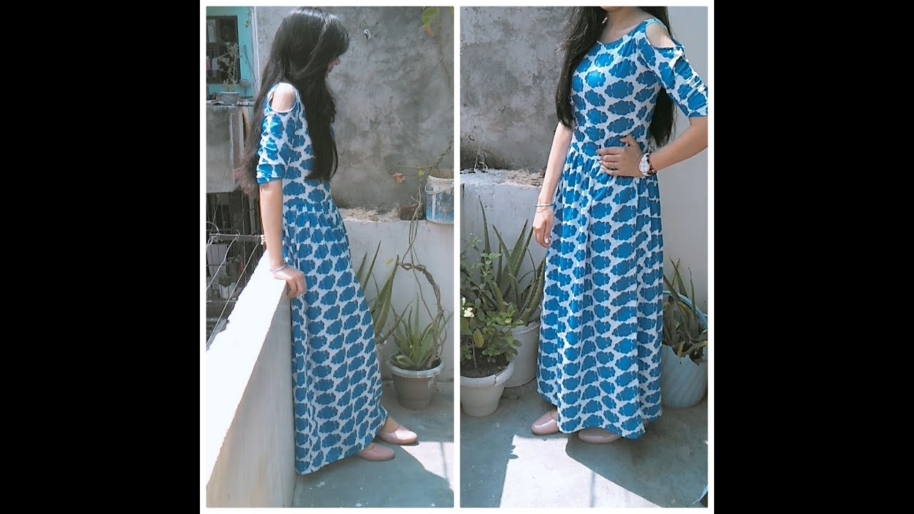 long gathers dress with half shoulder sleeves cutting and stitching