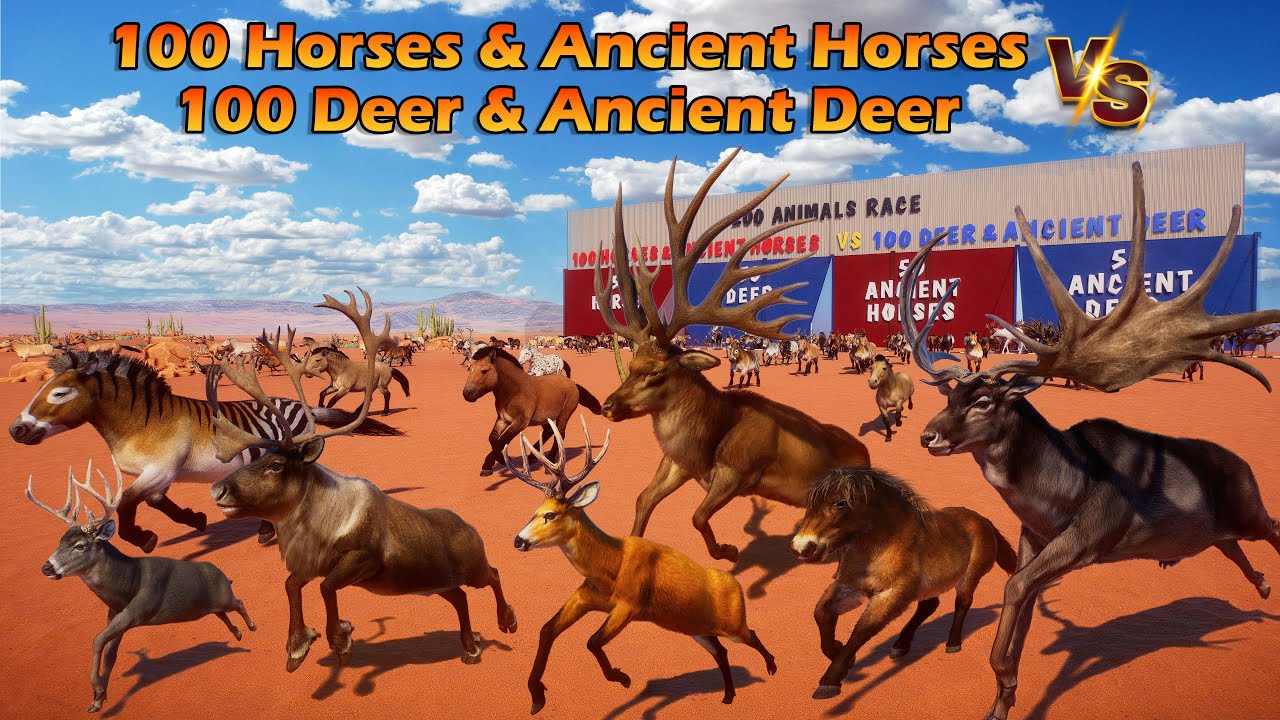 100 Horses & Ancients VS 100 Deer & Ancients Animals Race in Monument Valley Planet Zoo 2025