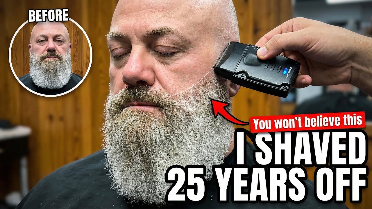 Wait for the transition! 😳✂️ #mensgrooming #uniquebeard #whitebeard  #usastyle #beardstyle