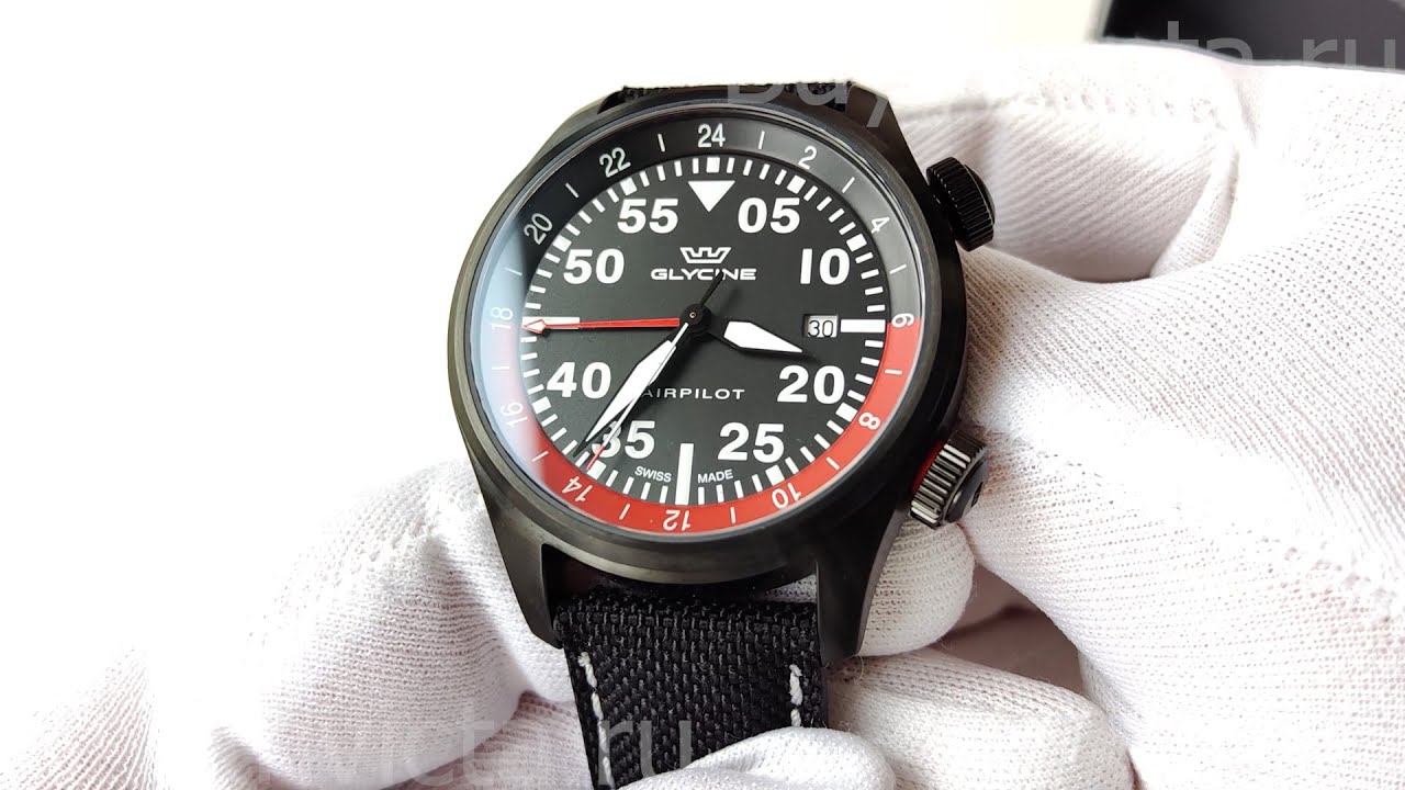 Glycine Airpilot GMT 44 GL0438 Men's Watch | Мужские Швейцарские Чёрные Часы Глайсин на Ремешке
