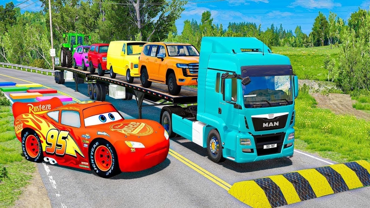 Flatbed Truck McQueen | Transportation with Truck - Pothole vs Car #0141