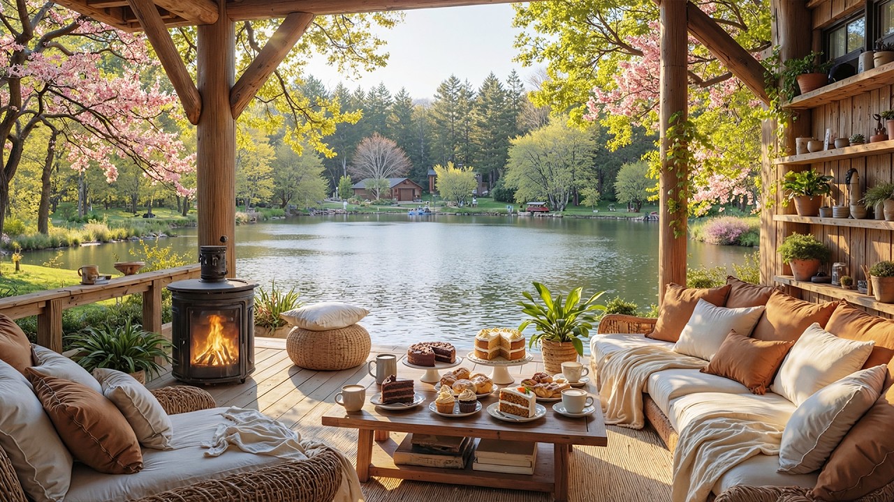 Cozy Lakeside Cabin in Spring Ambience ~ Smooth Piano & Crackling Fireplace for Relaxation