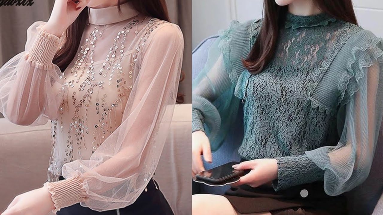 super luxury and elegant party wear chiffon gingham blouse/shirts with lace and sequins work design/