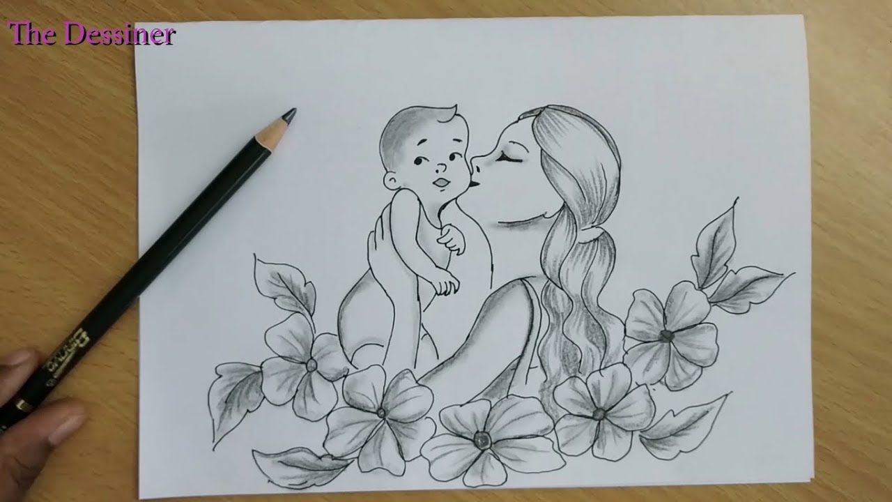 Mother and child love drawing / happy Mother's day / pencil drawing