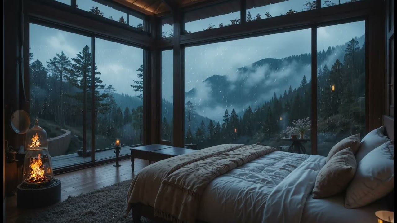 Crackling Fireplace Bedroom ASMR 🔥 | Foggy Mountain Night Outside