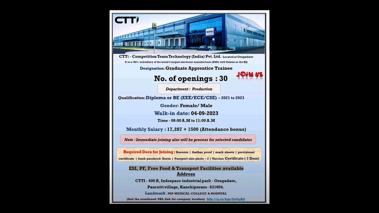 CTTI | Graduate Training role | Chennai Jobs | Oragadam| Freshers Jobs