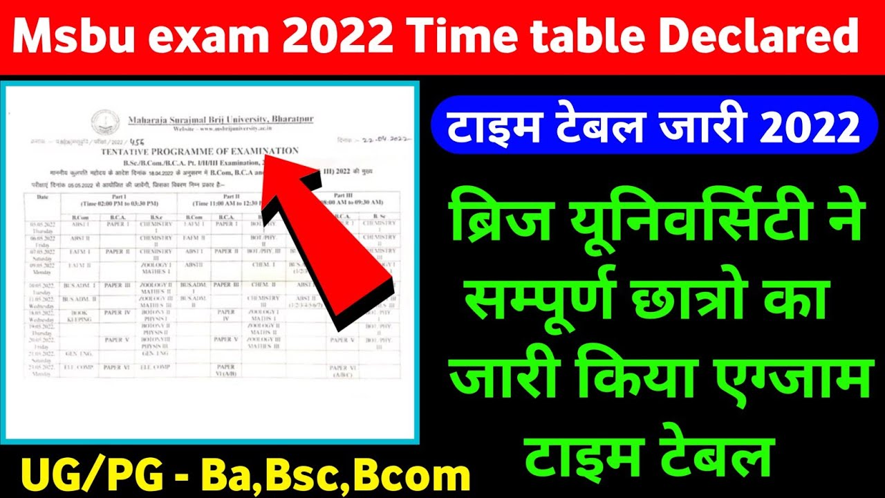 Msbu Exam time table 2022 ।। maharaja surajmal brij University ।। Ba,Bsc, Bcom time table declared