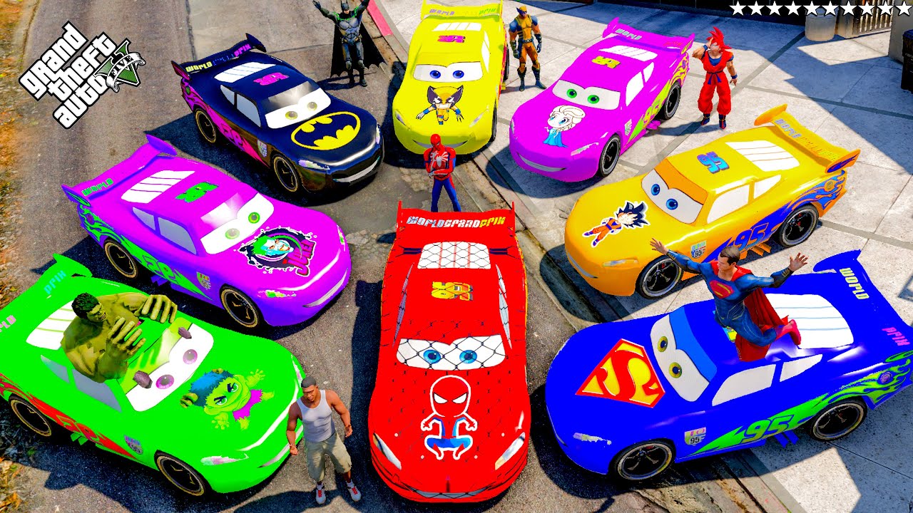 GTA 5 - Stealing Disney SuperHero's MCQUEEN CARS with Franklin! (Real Life Cars #124)