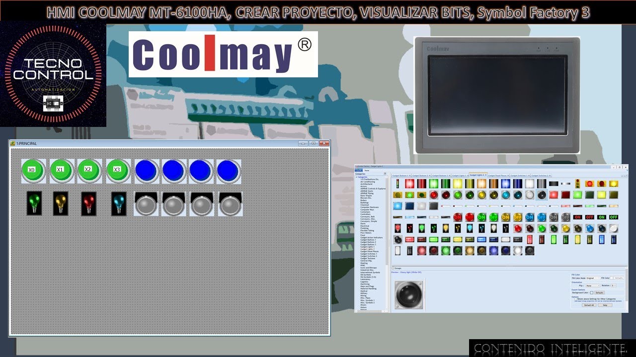 02-HMI COOLMAY MT-6100HA, CREAR PROYECTO, VISUALIZAR BITS, Symbol Factory 3