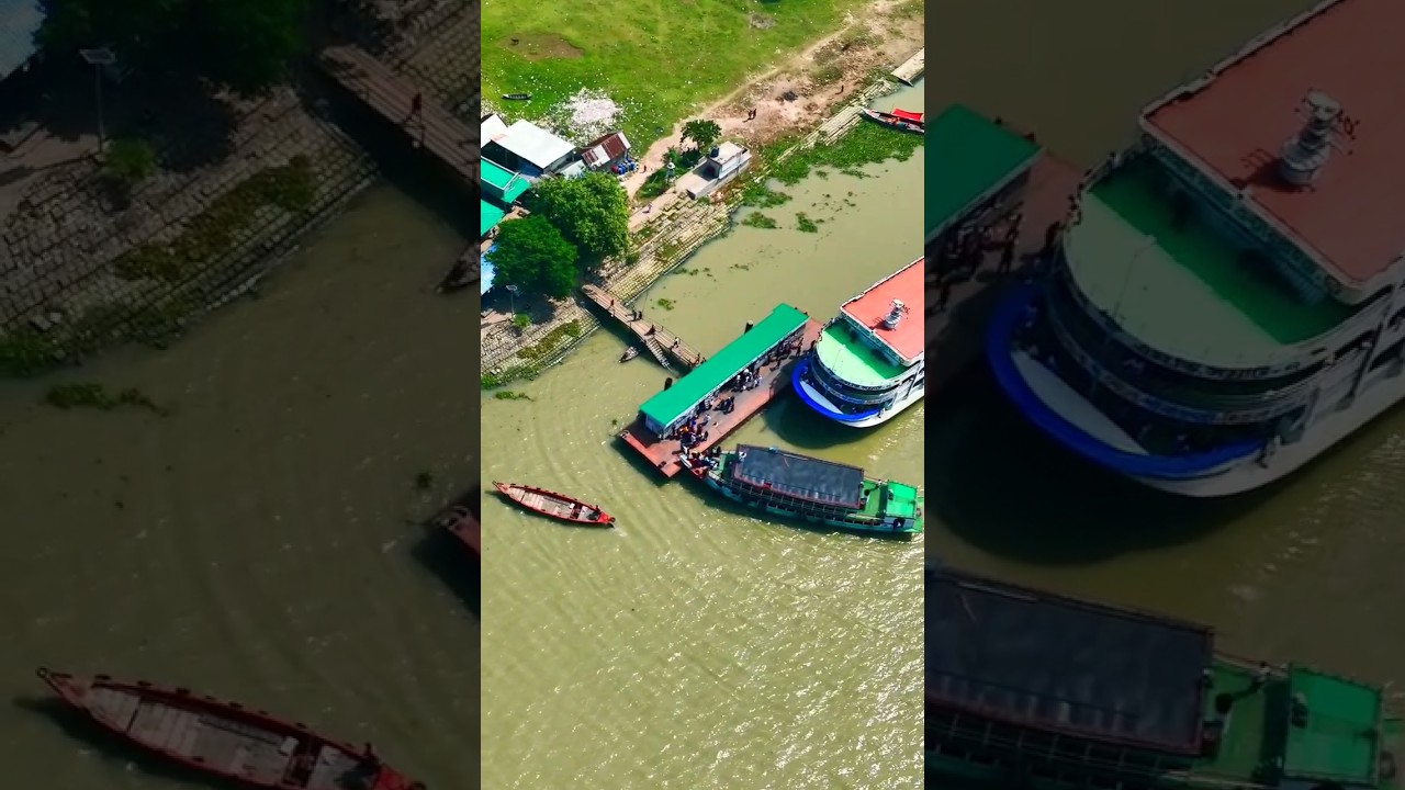 Launch ghat Meghna River Mohonpur #shorts #riverghat #launch #aerialviews #boats #riverside  #drones