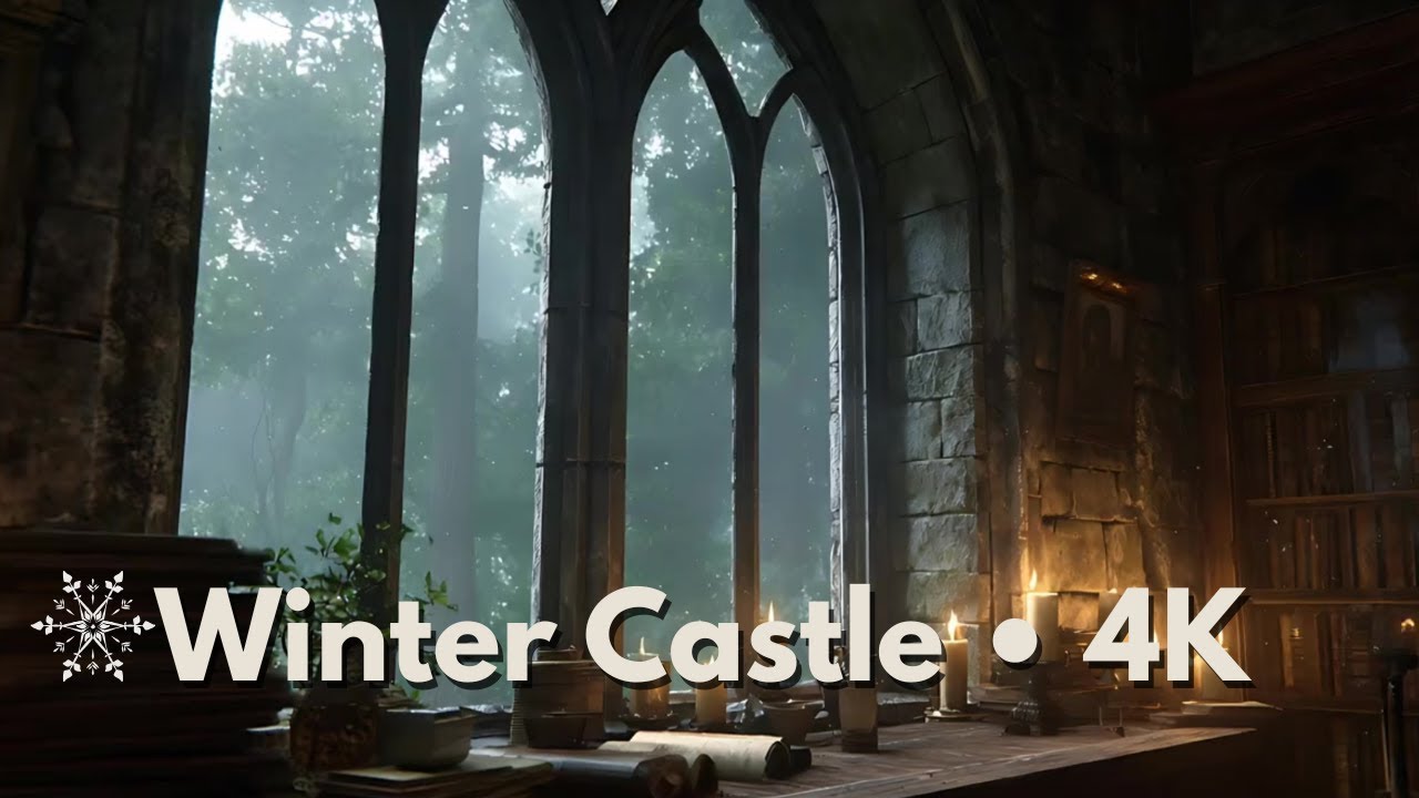 Window View - Candlelit Gothic Wizard Castle, Snowfall, Warm Ambience, Reading, Relaxing & Studying