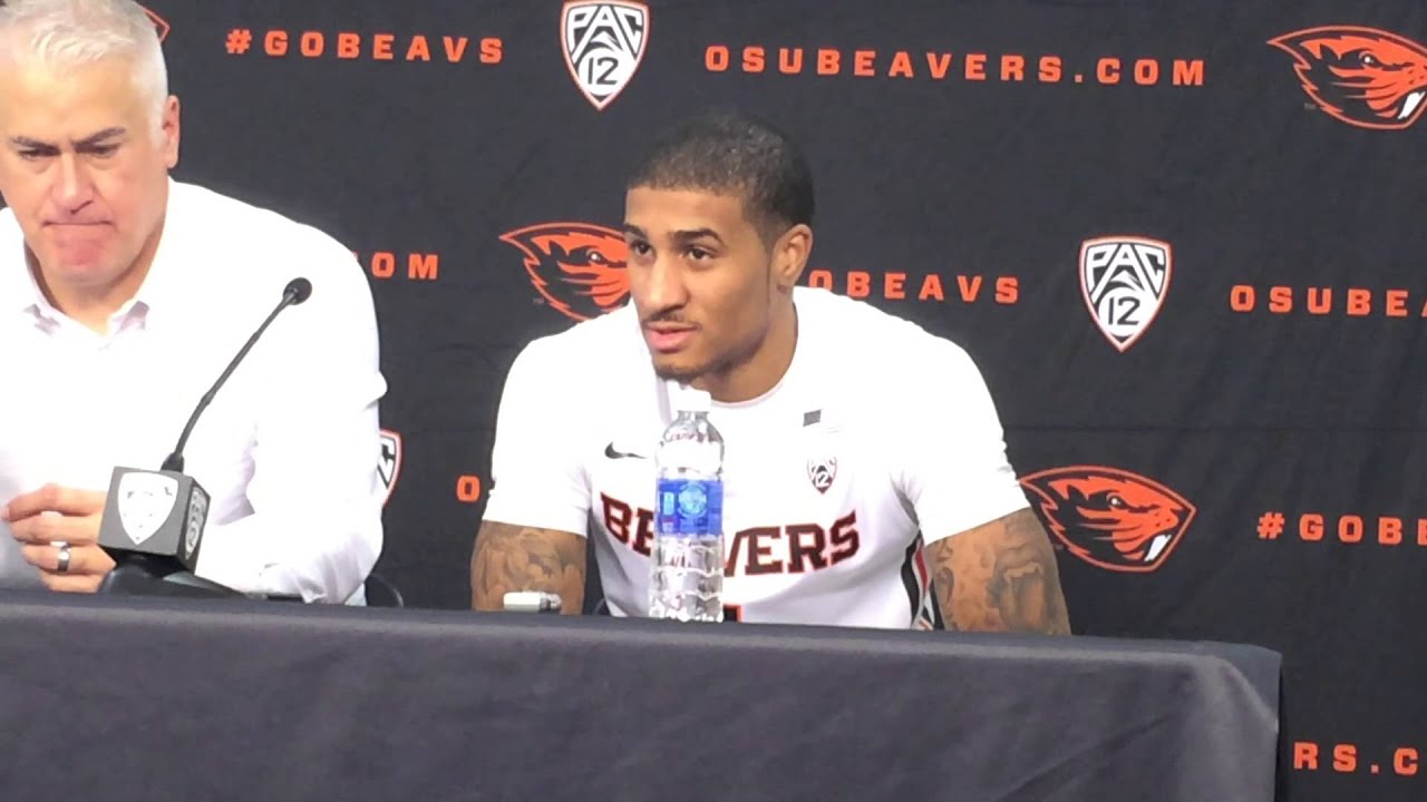 Wayne Tinkle, Jarmal Reid and Gary Payton II after Oregon State's 66-62 win over Nevada