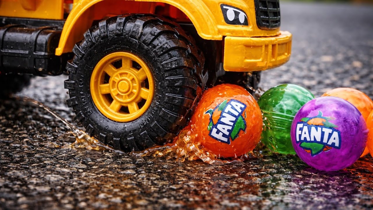 Toy Dump Truck Crushing Giant Fanta Jelly Balls – Satisfying Slow Motion!