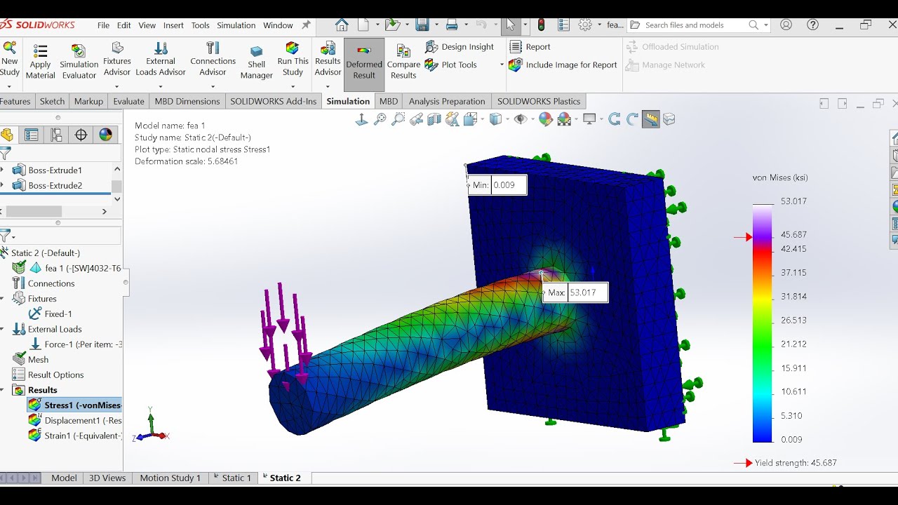 Статический анализ методом конечных элементов в Solidworks Simulation | Круглая балка из сплава