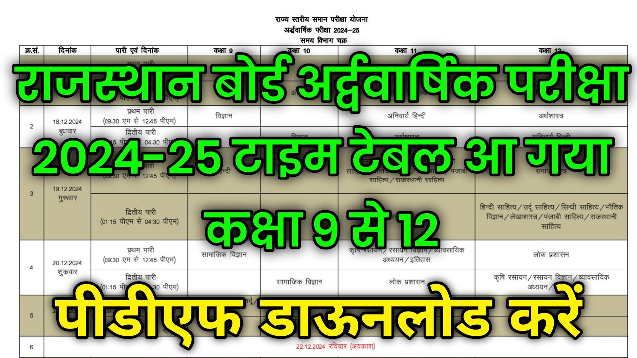 RBSE Half Yearly Exam Time Table 2024-25 / Rajasthan Board Half Yearly Exam 2024-25 Time Table