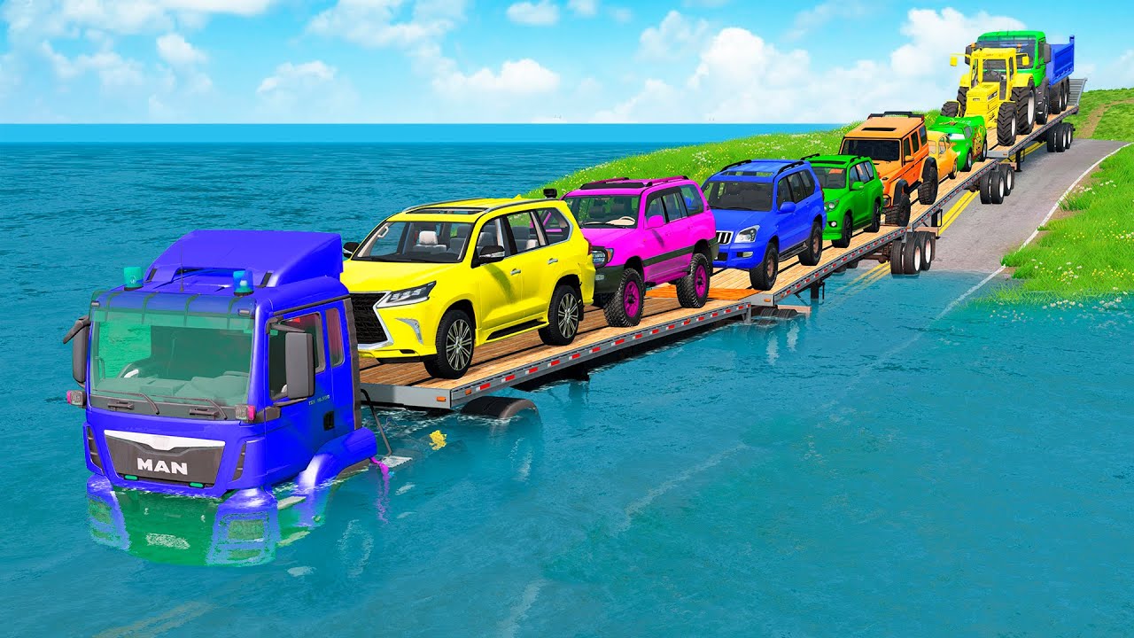 Triple Flatbed Trailer McQueen Transportation with Truck - Speedbumps vs Cars vs Train - BeamNG #20