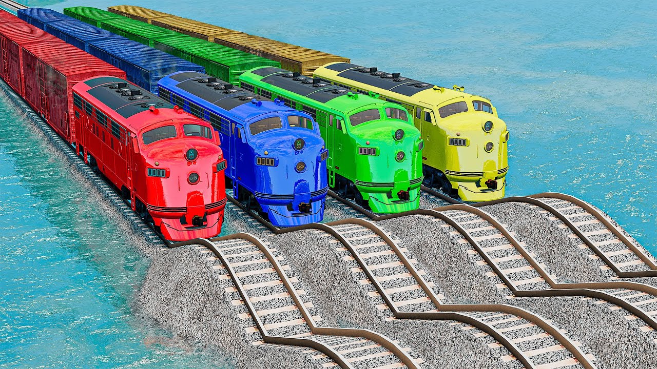Quadruple Colorful Trains Vs Wavy Impossible Weird Rails Tracks Crossing Deepwater | BeamNG.drive #2