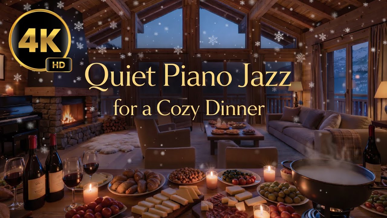 Quiet Piano Jazz for a Cozy Dinner 🕯️ | Winter Chalet Ambience with Fireplace & Dog (4K)