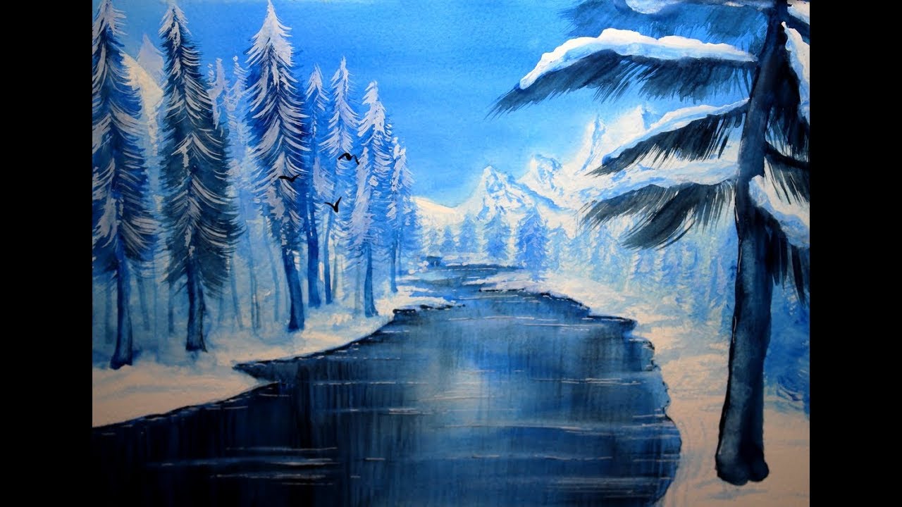 Winterlandschaft mit Fluss und Bergen