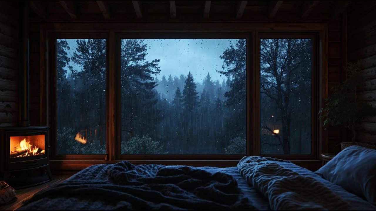 Rain Sounds & Cozy Fireplace in Cabin / Chuva na Janela e Lareira