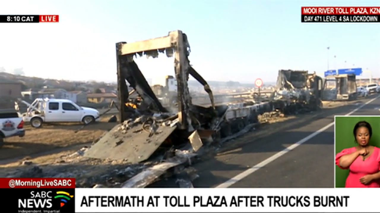 KZN Protests I  Trucks burnt on the N3 at the Mooi River Toll Plaza