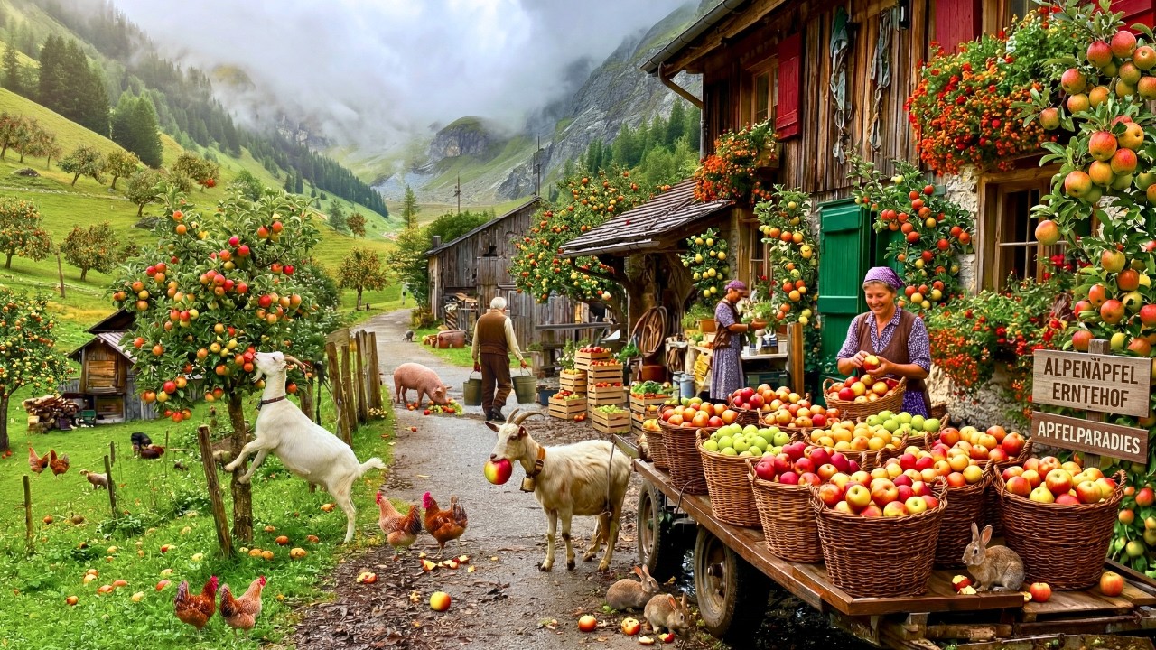 Life of Farmers - Harvesting Vegetables, Peaceful Farm Life in the Swiss village. Chicken farming