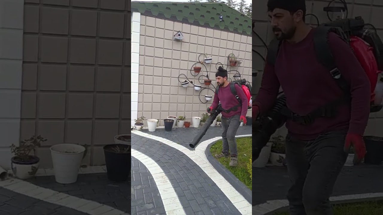 Yaprak üfleme makinasıyla çevre temizliği yapıyoruz