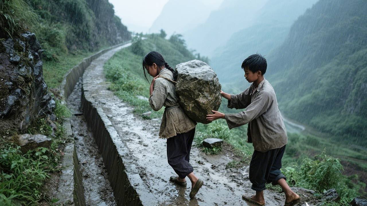 The girl, carrying heavy stones up the mountain, was almost crushed by them.