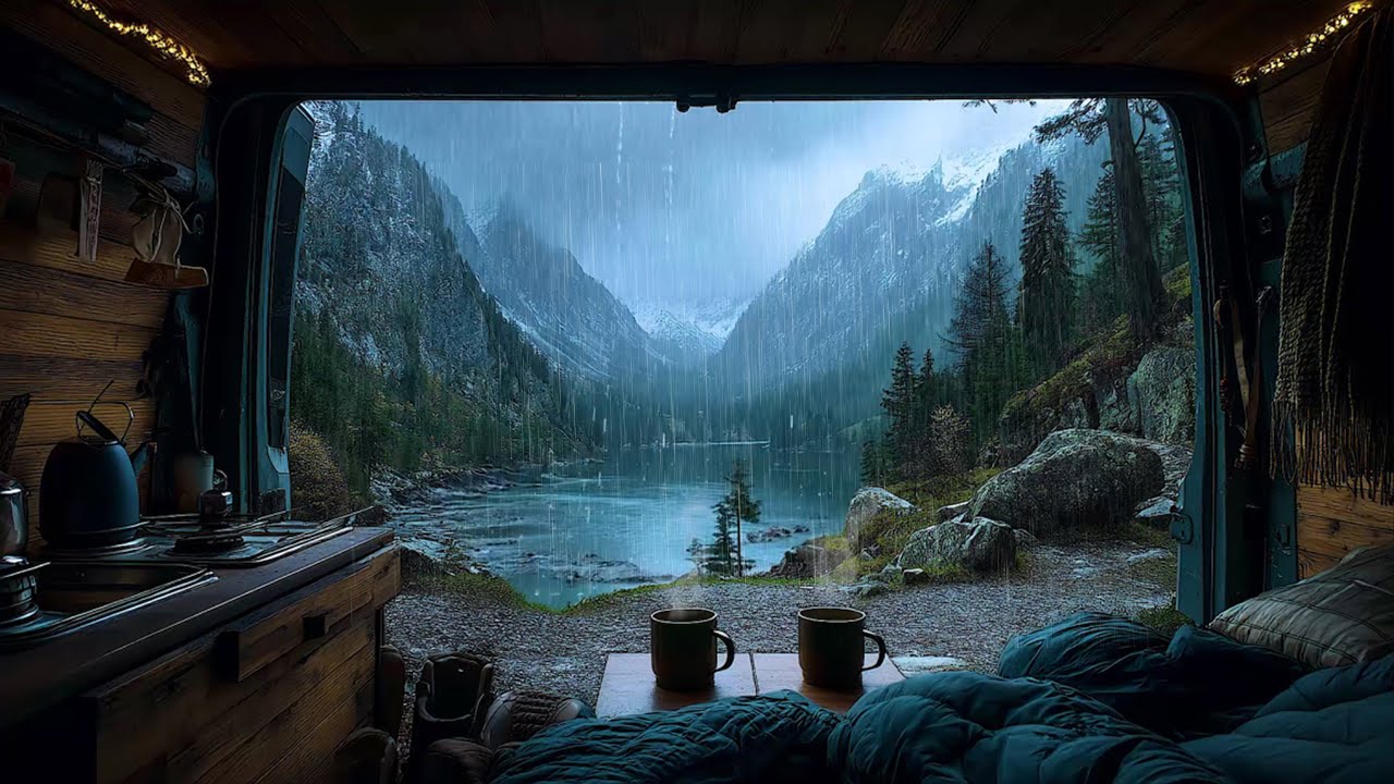 Achieve Tranquility with Rain Inside Campervan with Mountain River  🚐  Sleep Soundly with Rain